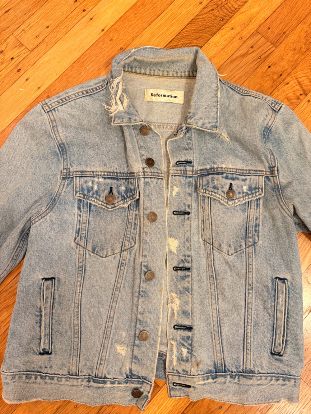 Reformation Distressed Light Blue Denim Jacket